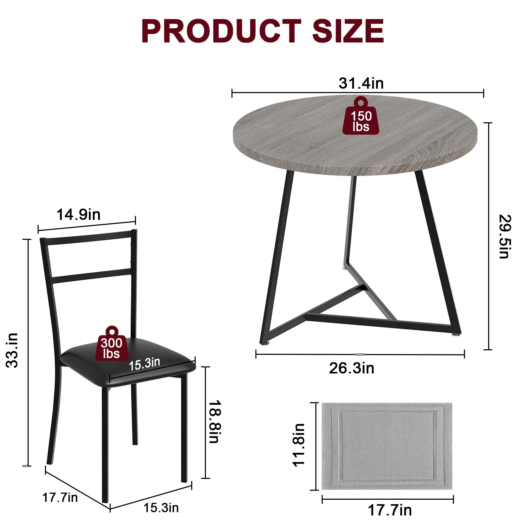 GARVEE Dining Table Set with 2 Upholstered Chairs, Round Table, MDF Board, Solid Steel Frame, Compact for Small Spaces - Rustic Gray