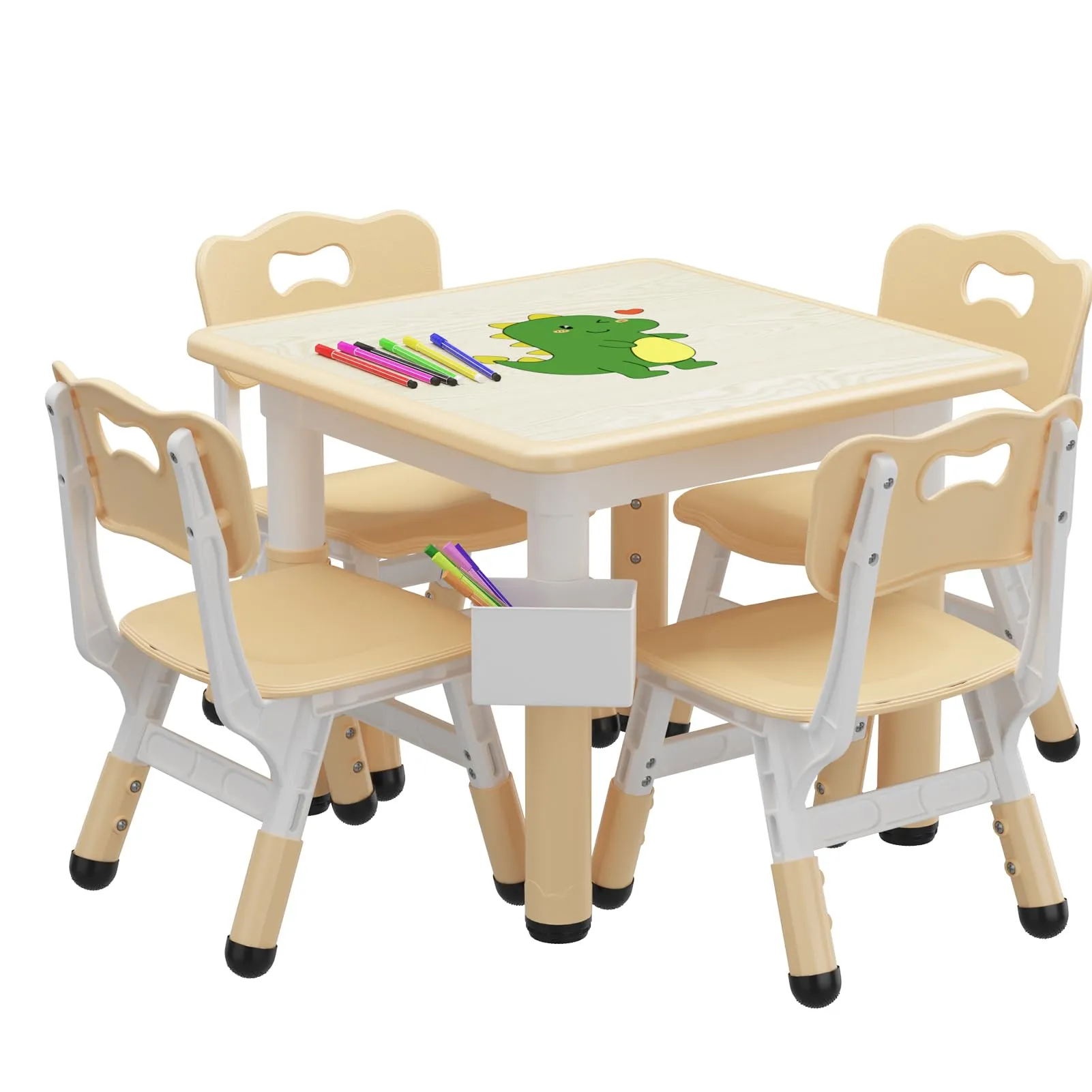 GARVEE  Kids Table and 4 Chairs Set with Graffiti Desktop, Height Adjustable Toddler Table and Chairs Set, 4 in 1 Activity Table Play Table for Reading, Drawing, Playing, Eating,Beige