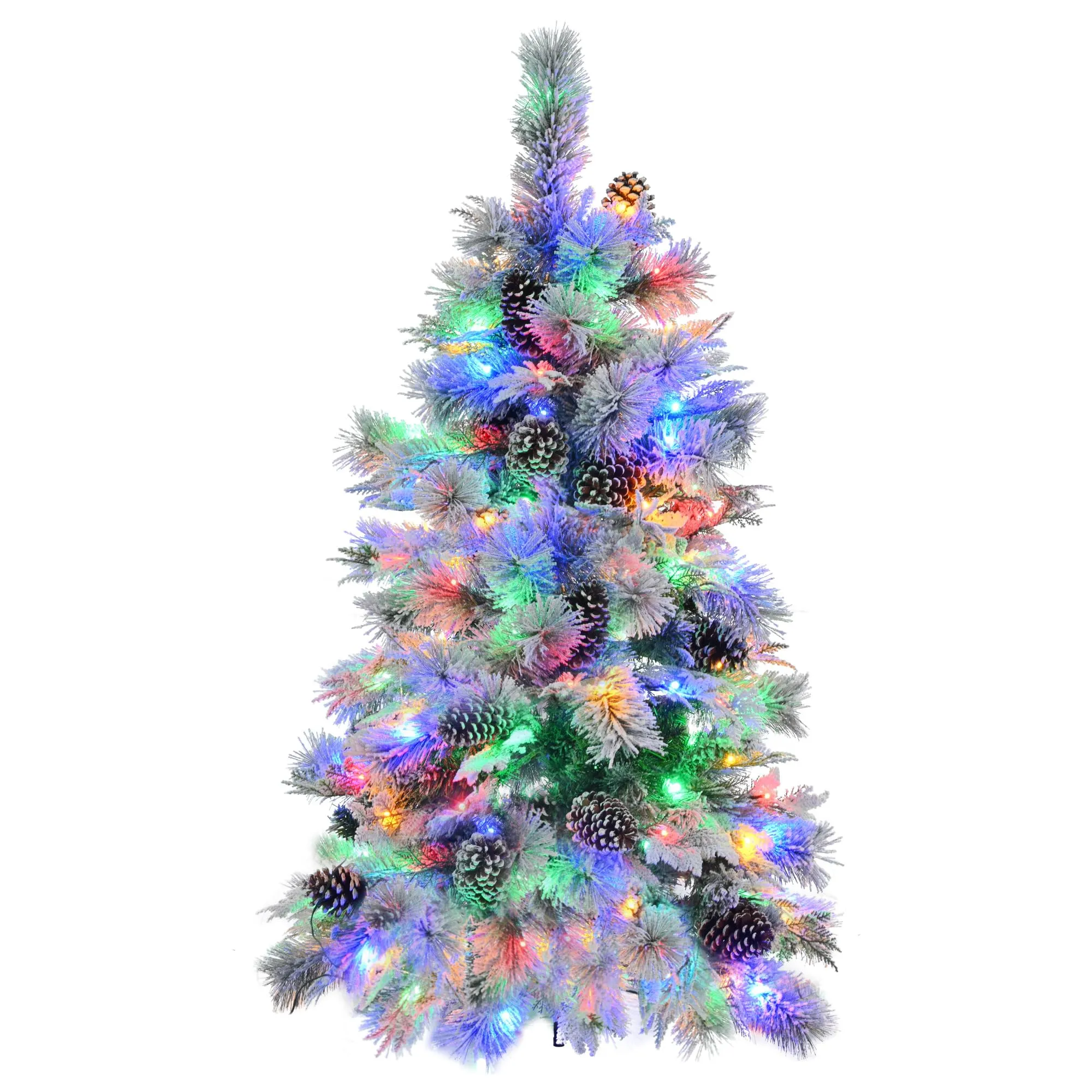 GARVEE Pre-Lit Spruce Snow Flocked Christmas Tree, 11 Flashing Modes, Multi-Color LED Lights, Artificial Hinged Xmas Tree with Pine Cones, for Indoor and Outdoor