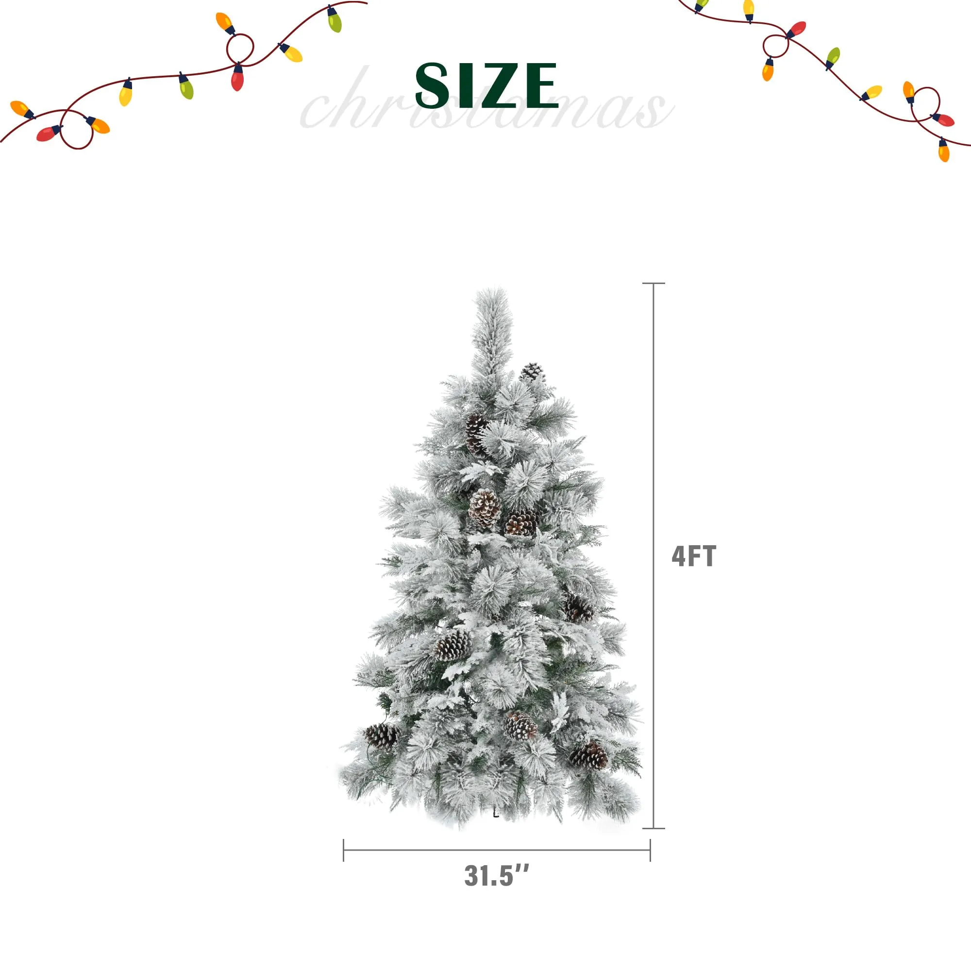 GARVEE Pre-Lit Spruce Snow Flocked Christmas Tree, 11 Flashing Modes, Multi-Color LED Lights, Artificial Hinged Xmas Tree with Pine Cones, for Indoor and Outdoor