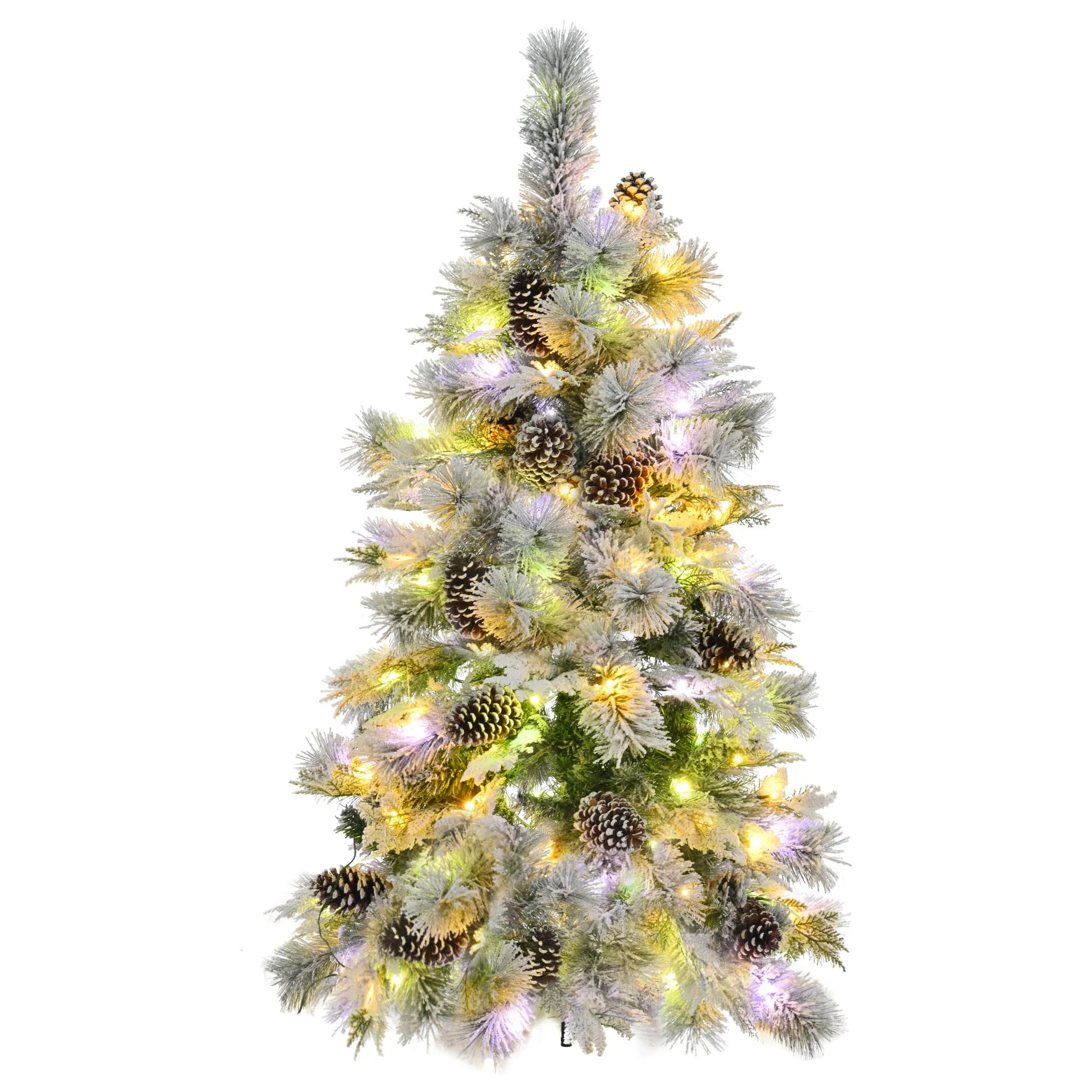 GARVEE Pre-Lit Spruce Snow Flocked Christmas Tree, 11 Flashing Modes, Multi-Color LED Lights, Artificial Hinged Xmas Tree with Pine Cones, for Indoor and Outdoor