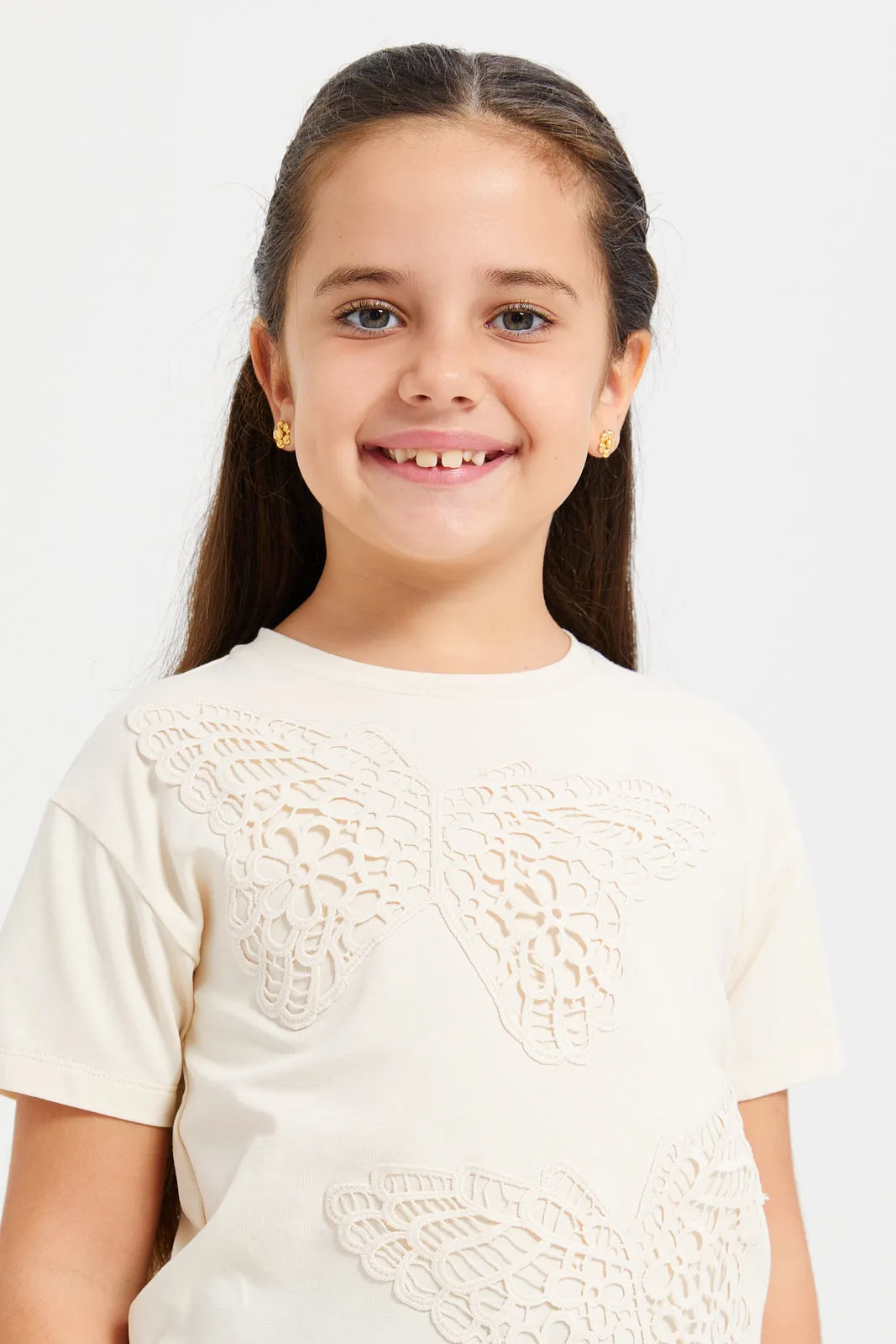 Girls Beige Butterfly Embroidered T-Shirt