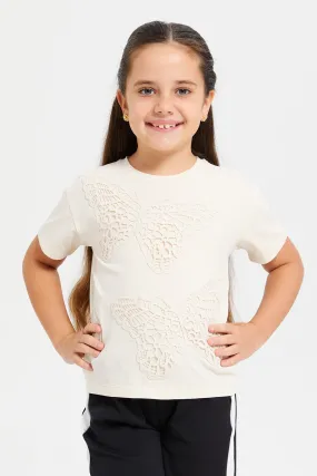 Girls Beige Butterfly Embroidered T-Shirt