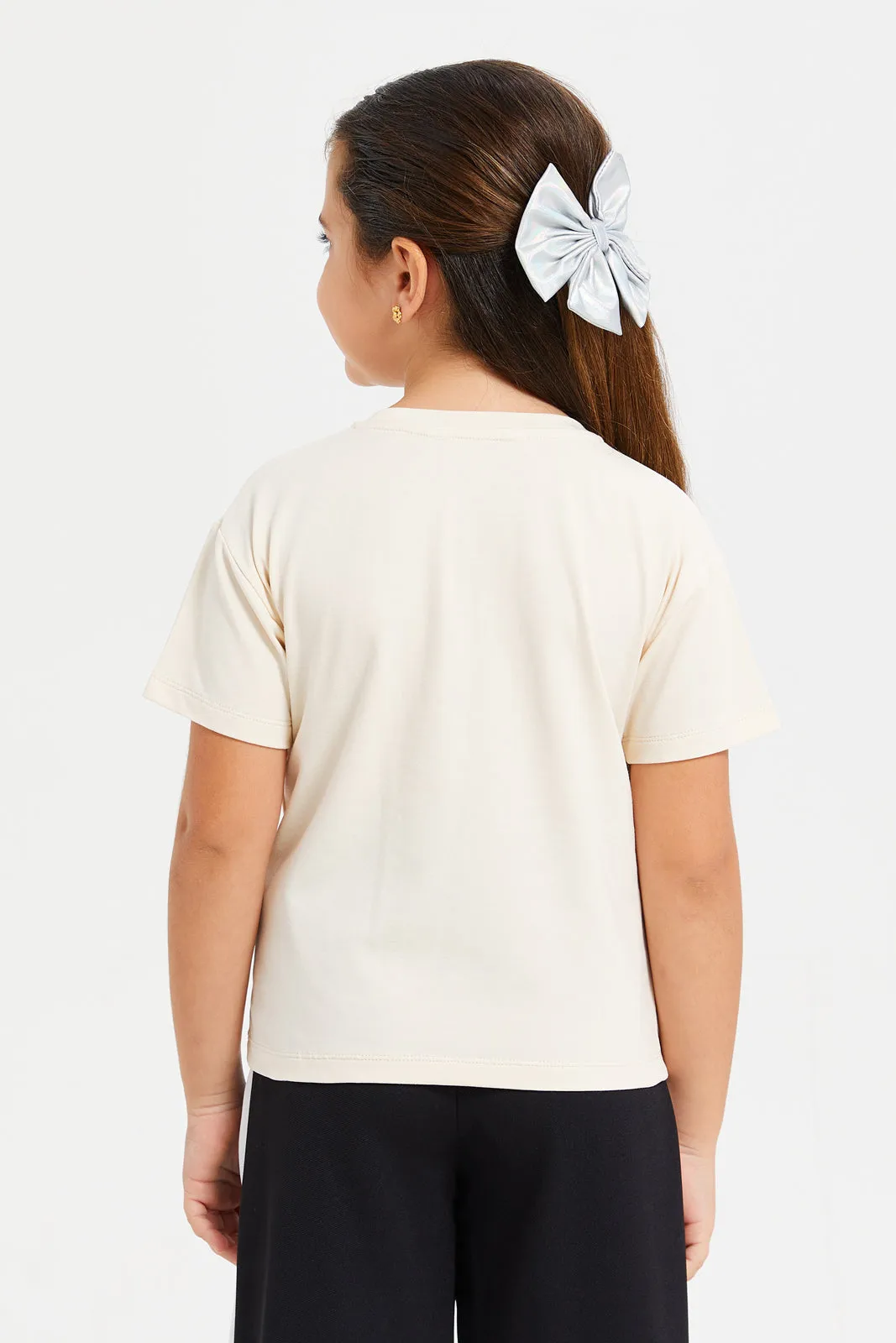 Girls Beige Butterfly Embroidered T-Shirt