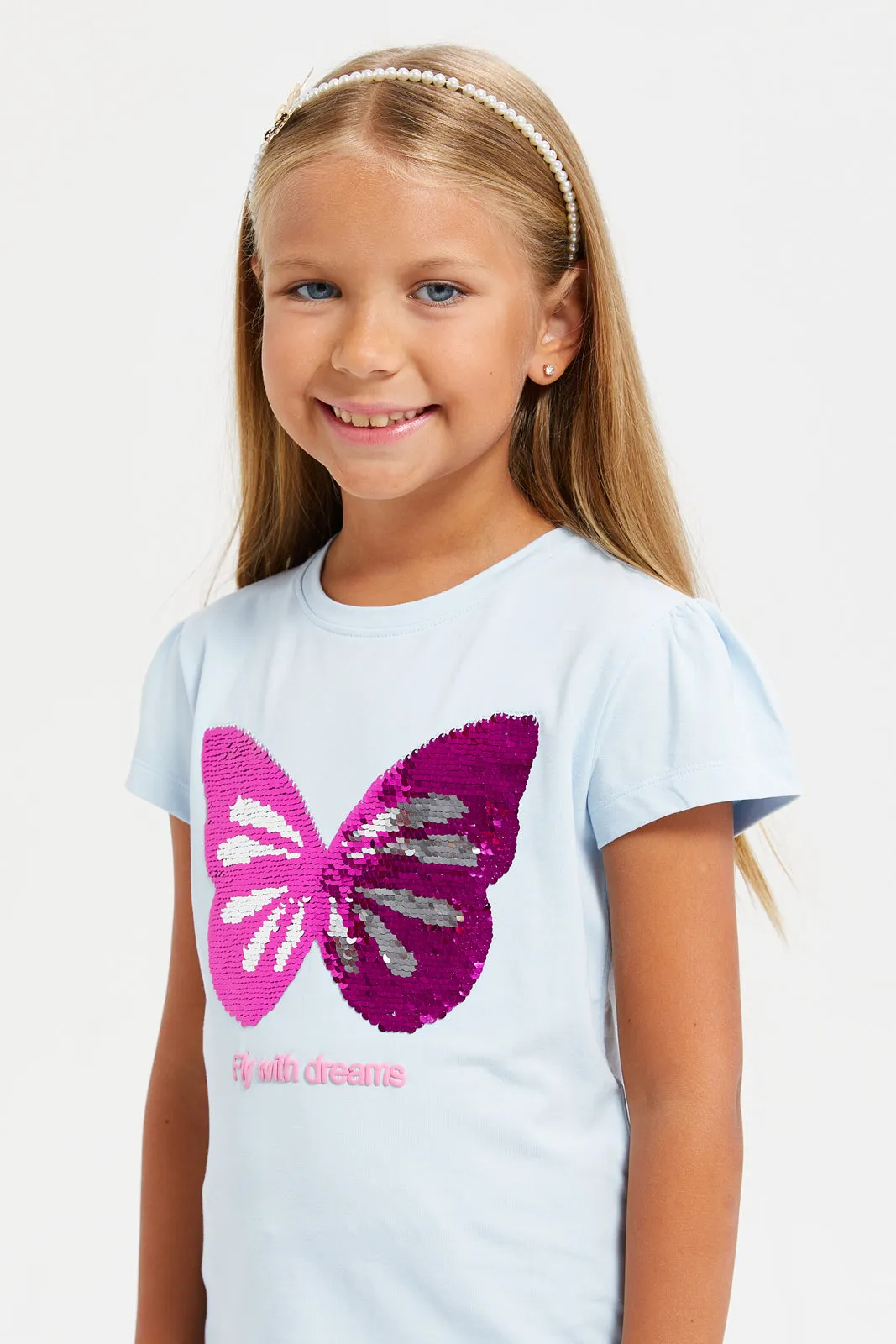 Girls Blue Butterfly Sequins T-Shirt