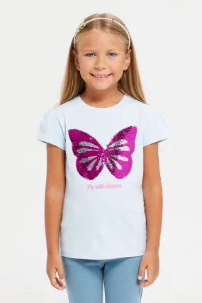 Girls Blue Butterfly Sequins T-Shirt