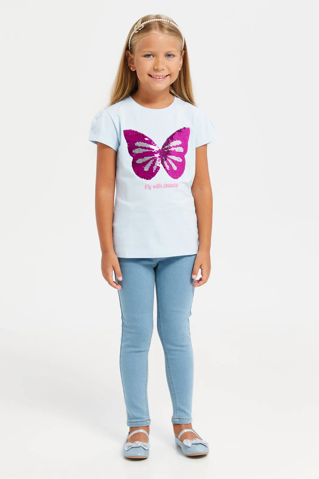 Girls Blue Butterfly Sequins T-Shirt