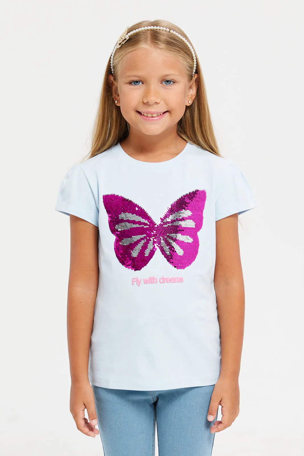 Girls Blue Butterfly Sequins T-Shirt