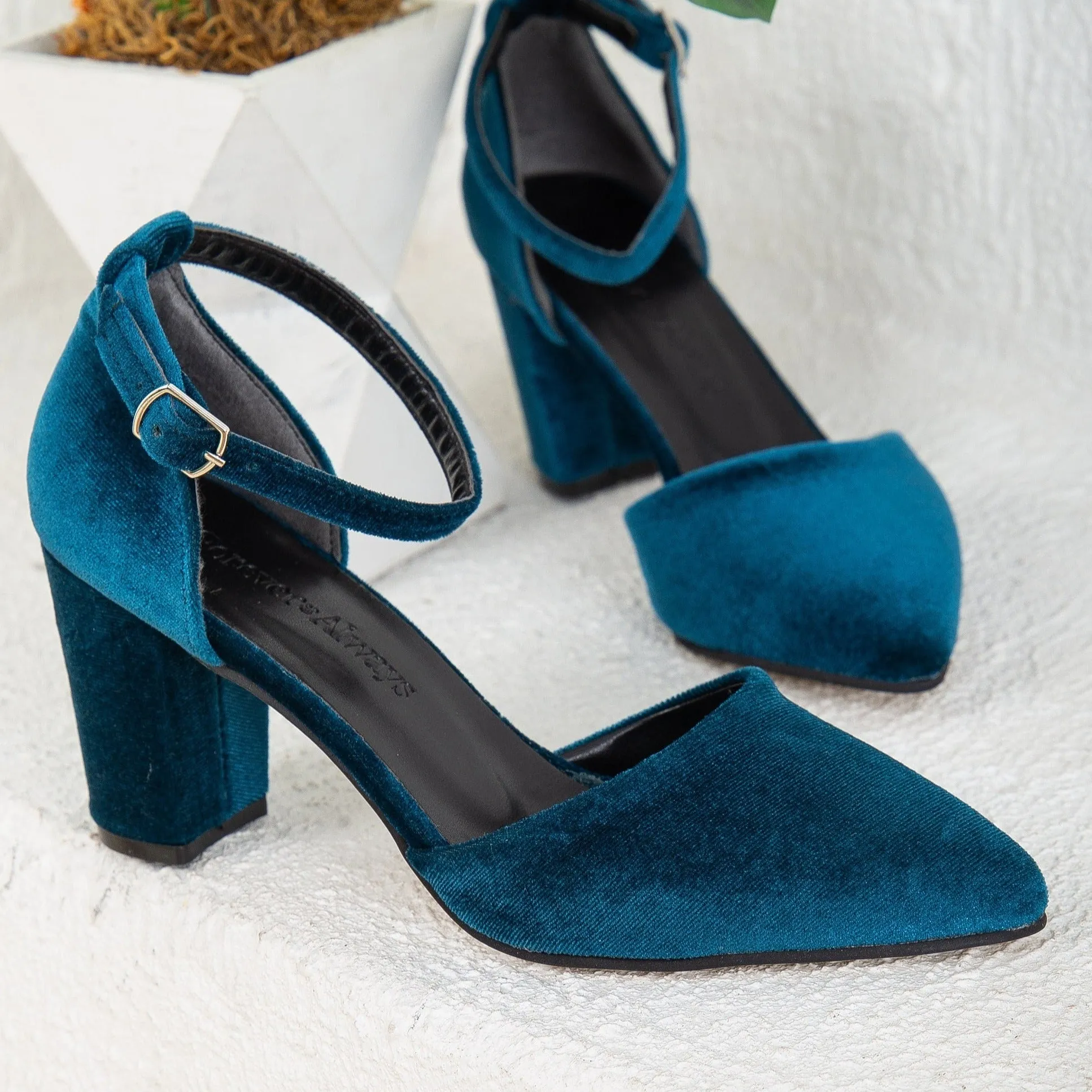 Gisele - Teal Blue Velvet Heels with Ribbon