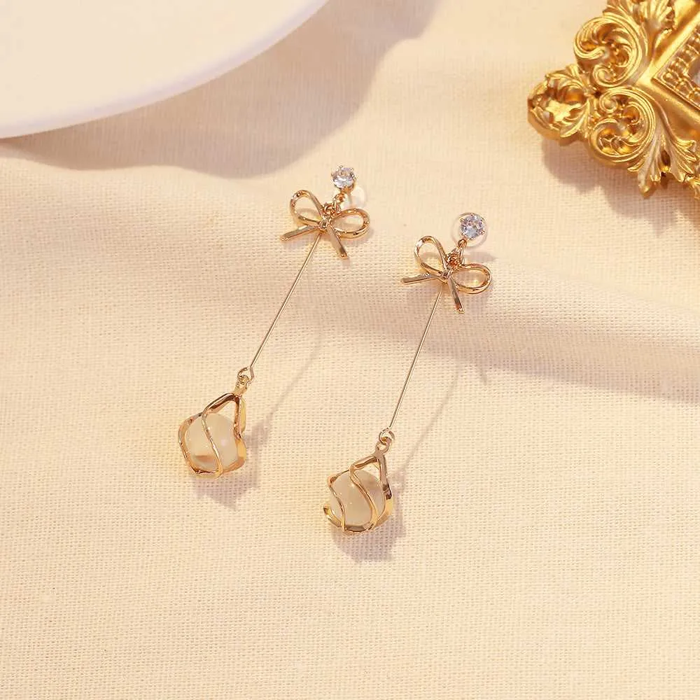 Gold Butterfly Opal Long Drop Earrings