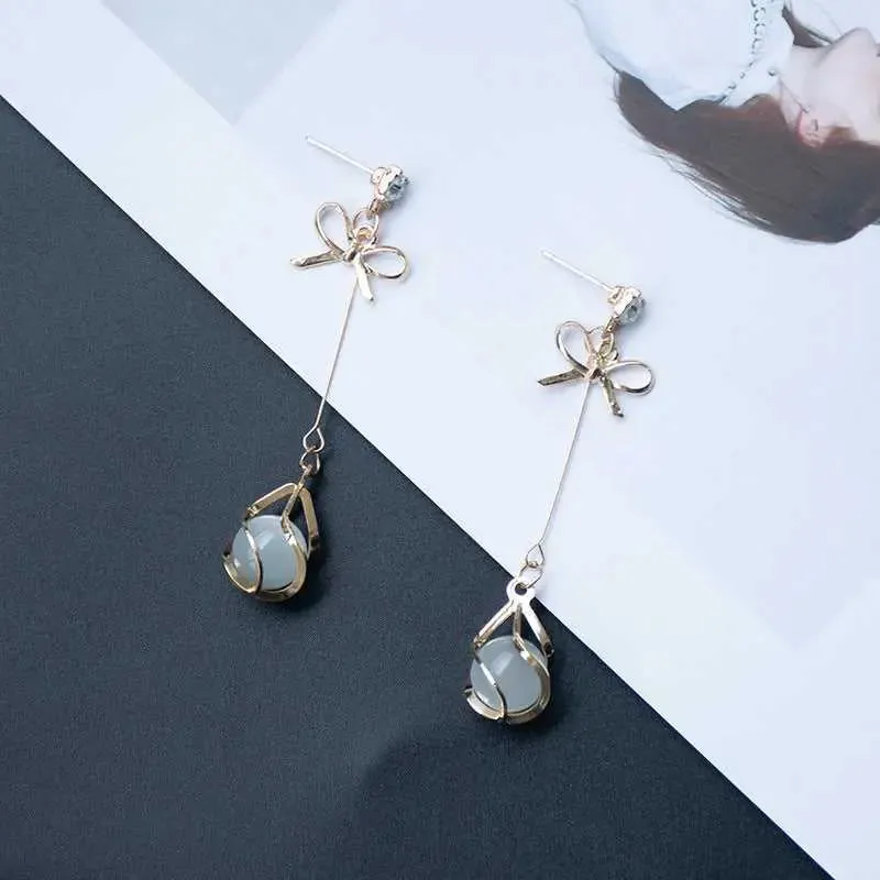 Gold Butterfly Opal Long Drop Earrings