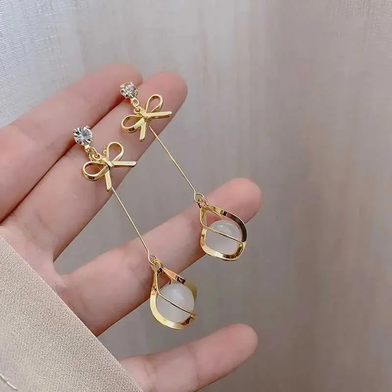 Gold Butterfly Opal Long Drop Earrings