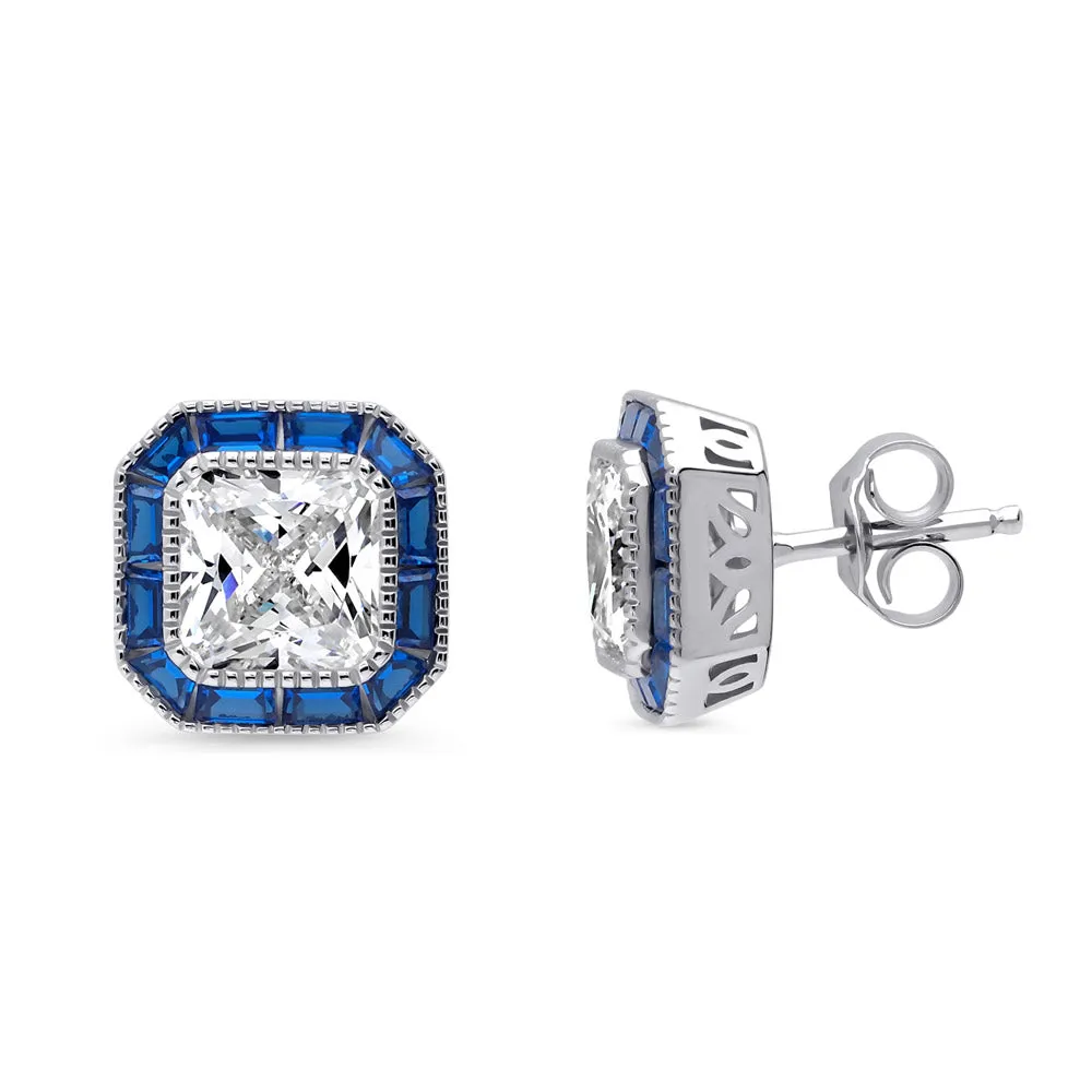 Halo Art Deco Princess CZ Stud Earrings in Sterling Silver