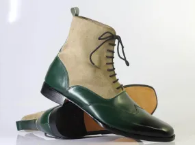 Handmade Men's Green Beige Lace Up Boots, Men Wing Tip Leather Suede Ankle Boots