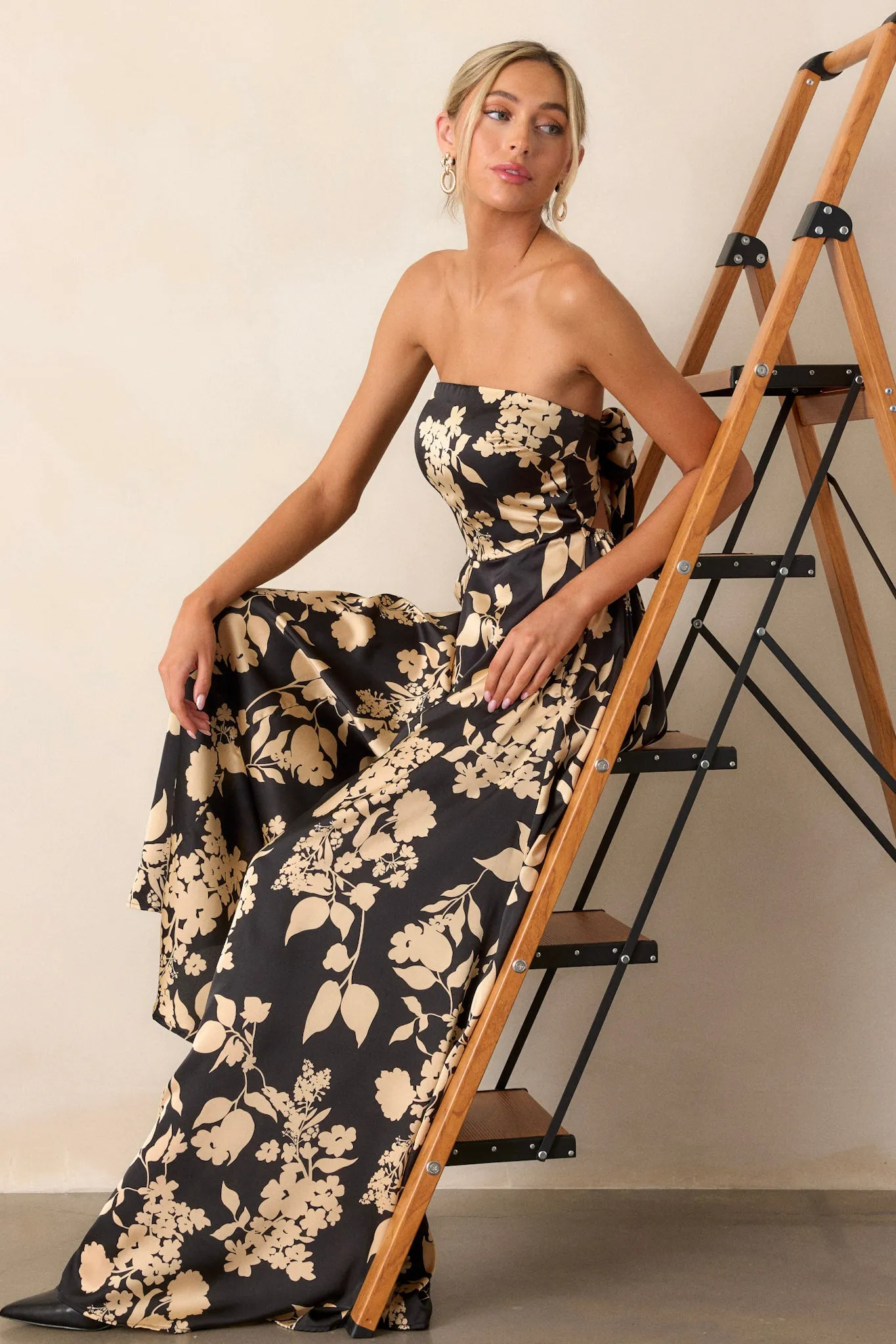 In The Dark Black Floral Strapless Wide Leg Jumpsuit