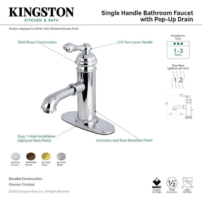 Kingston Brass American Classic KS7417ACL Single-Handle 1-Hole Deck Mount Bathroom Faucet with Brass Pop-Up