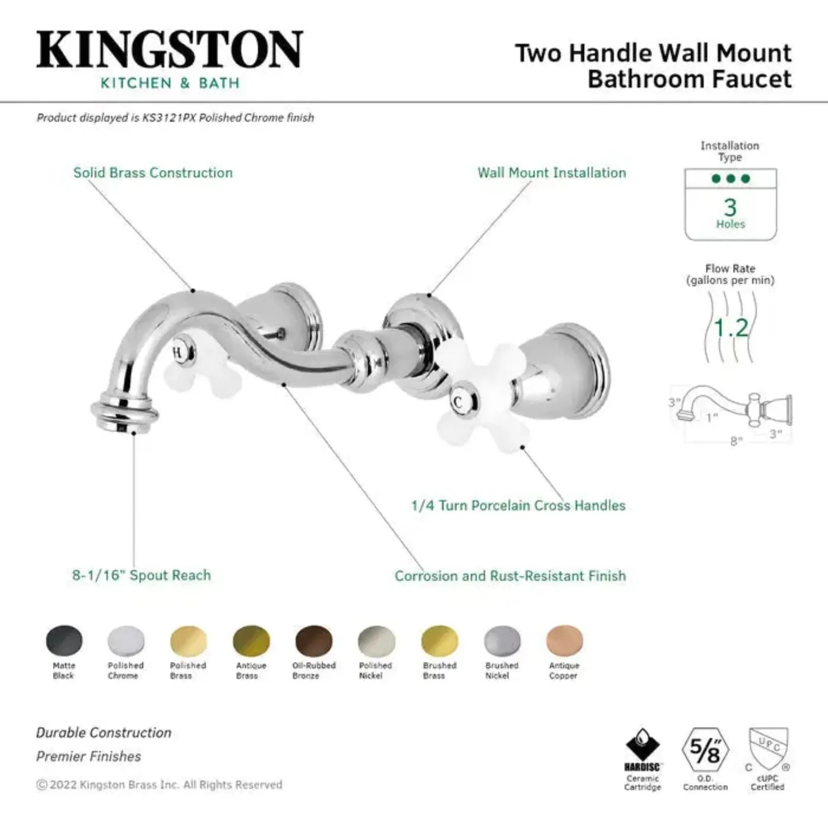 Kingston Brass Vintage KS312XPX-P Two-Handle 3-Hole Wall Mounted Bathroom Faucet