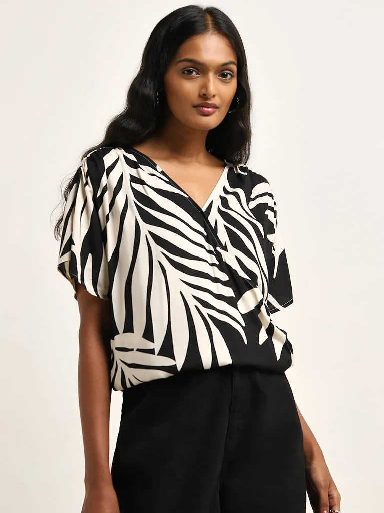 LOV Black Leaf Patterned Wrap-Over Top