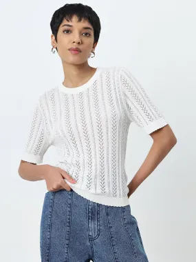 LOV White Self-Patterned Knitted Top