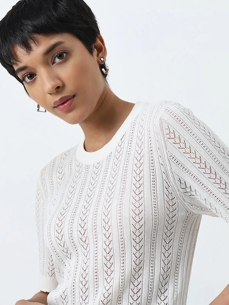 LOV White Self-Patterned Knitted Top