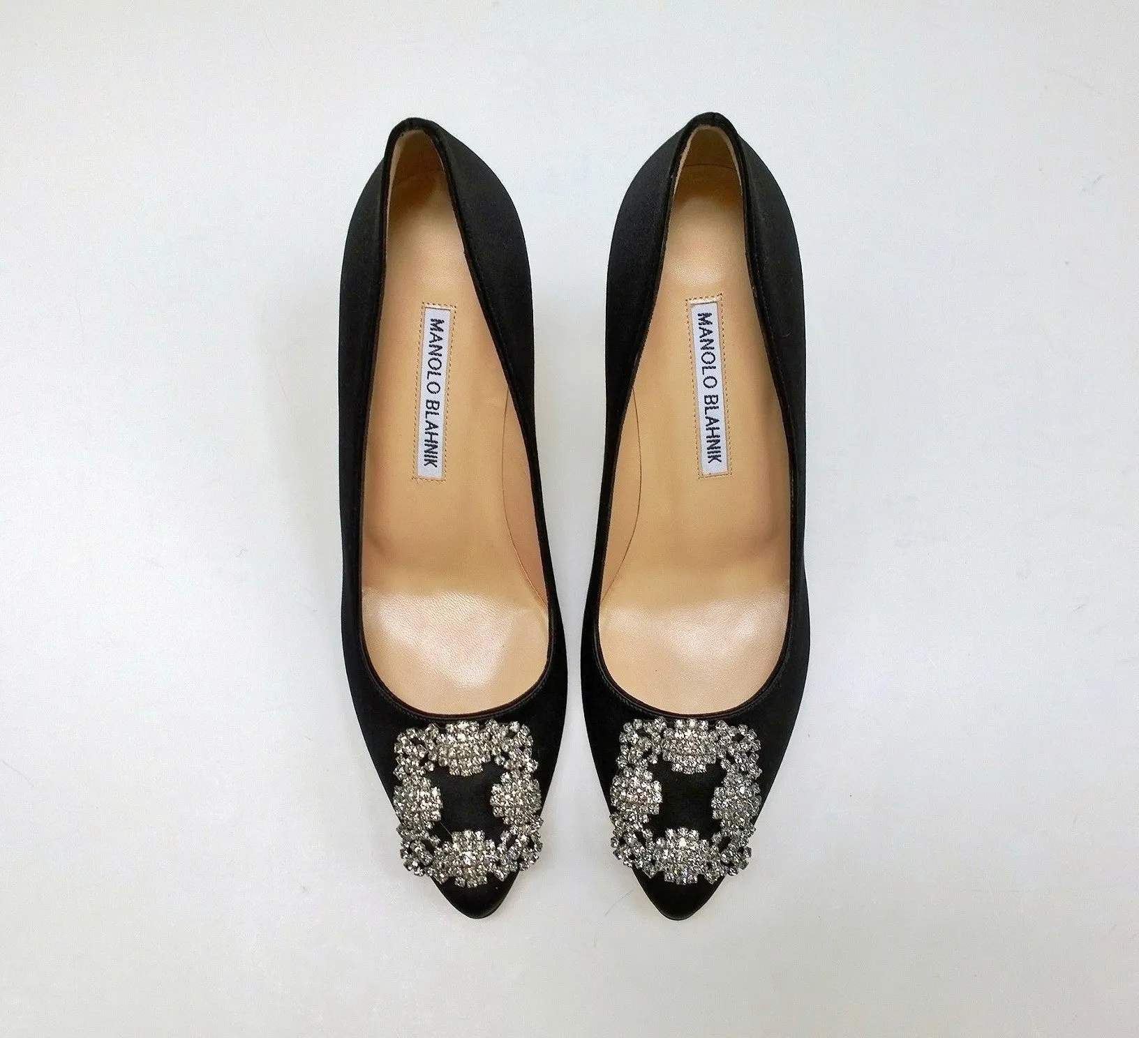 Manolo Blahnik Black Satin Hangisi 90 Rhinestone Buckle Strass Heels