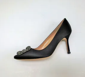 Manolo Blahnik Black Satin Hangisi 90 Rhinestone Buckle Strass Heels