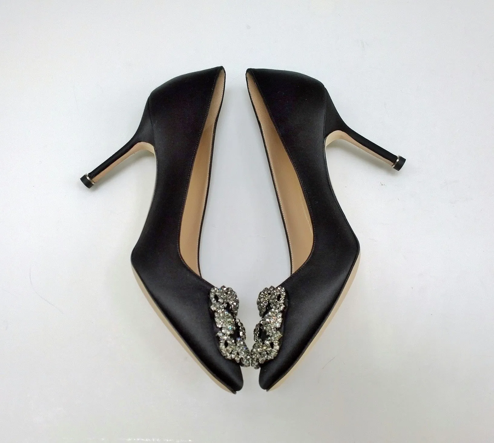 Manolo Blahnik Black Satin Hangisi 90 Rhinestone Buckle Strass Heels