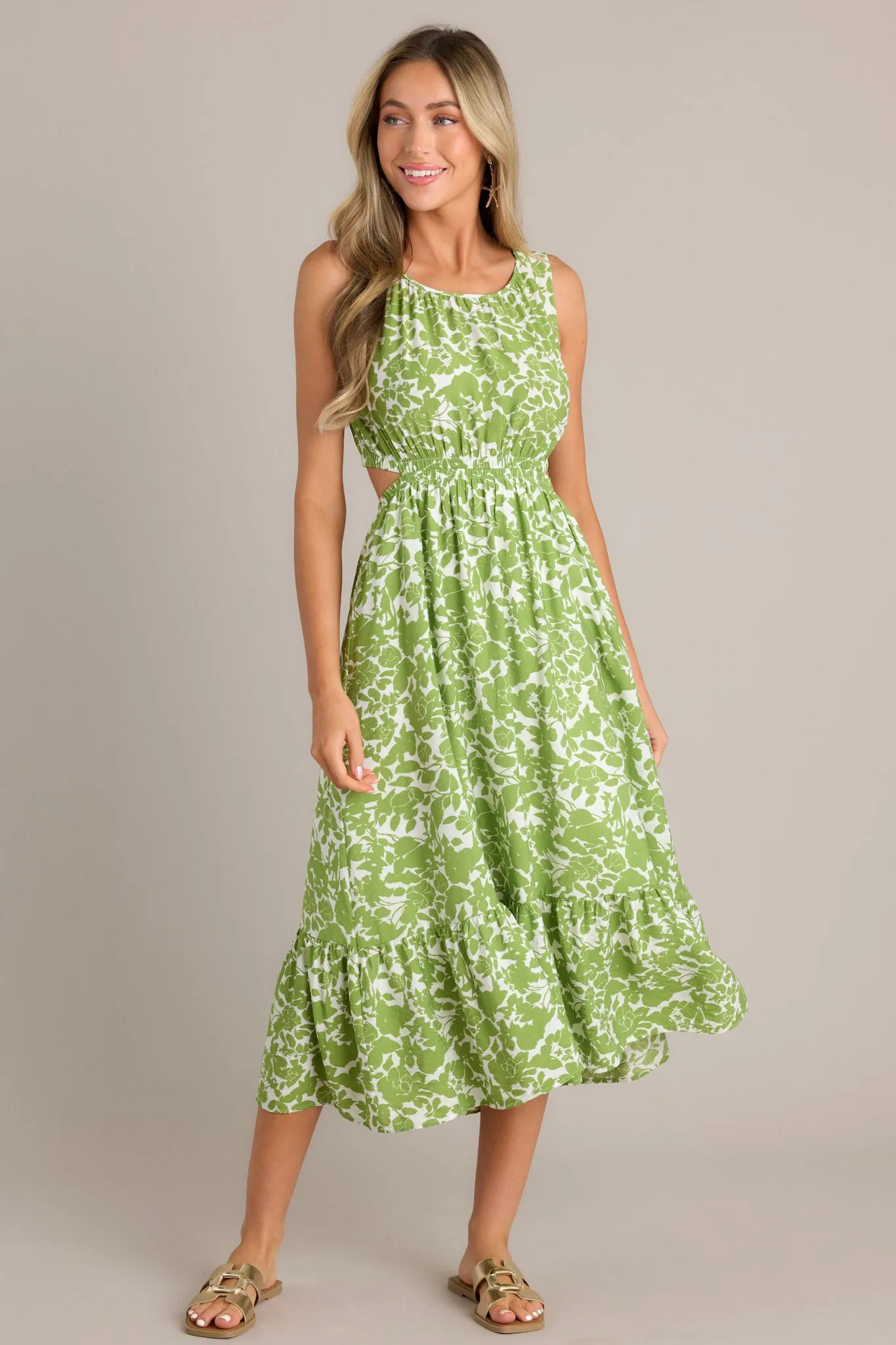 Nature's Charm Green Floral Cutout Midi Dress