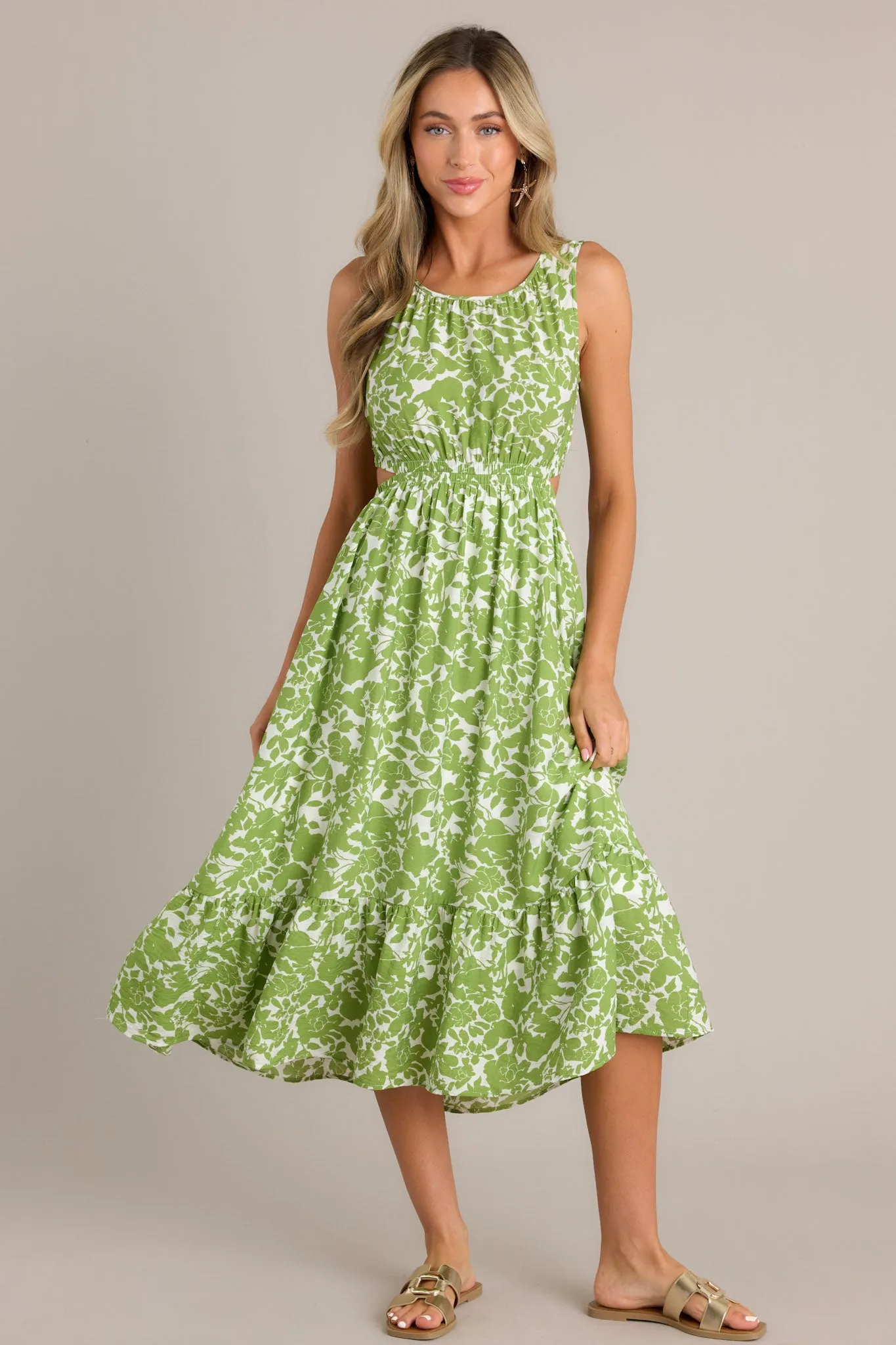 Nature's Charm Green Floral Cutout Midi Dress