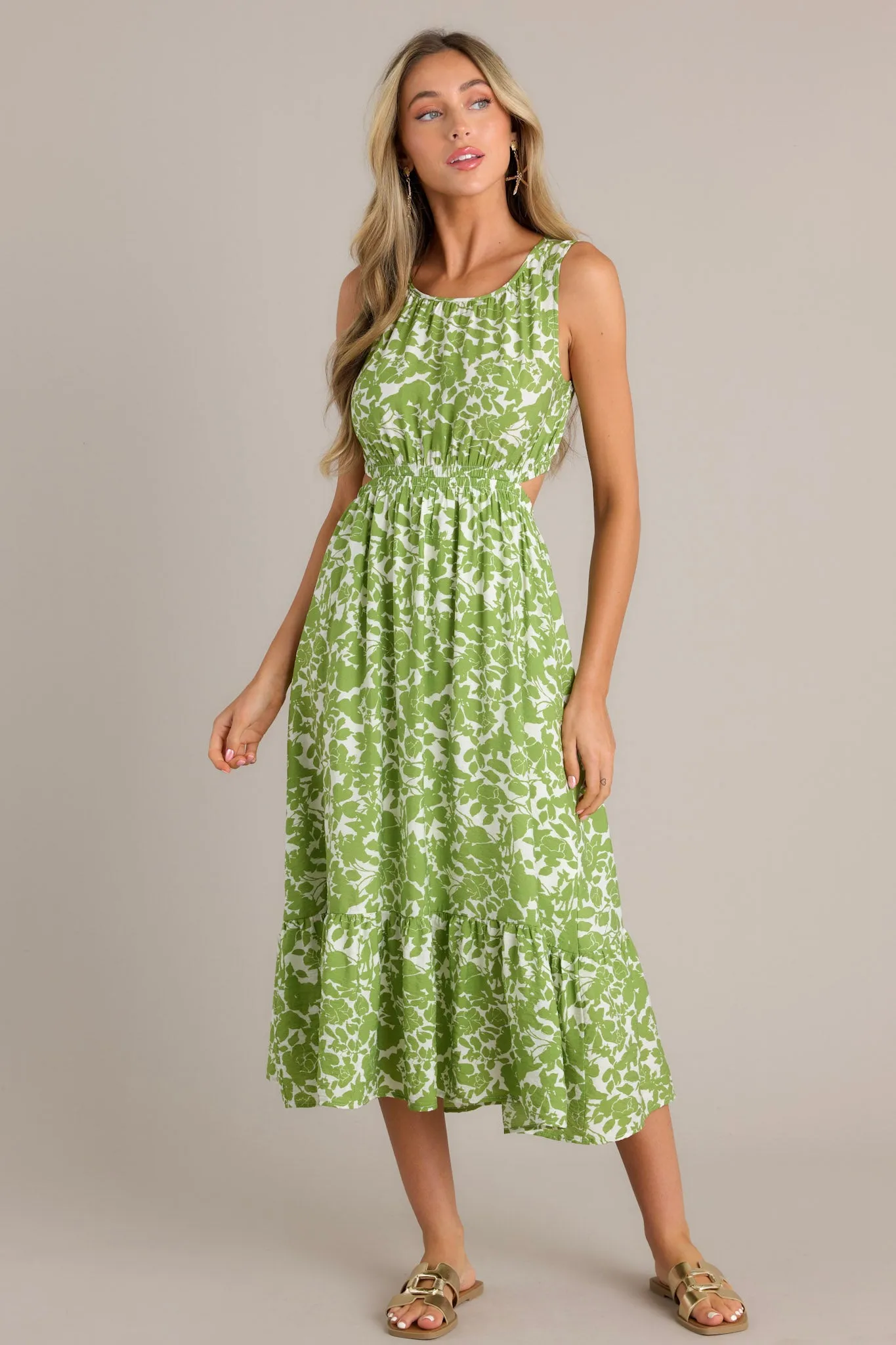 Nature's Charm Green Floral Cutout Midi Dress