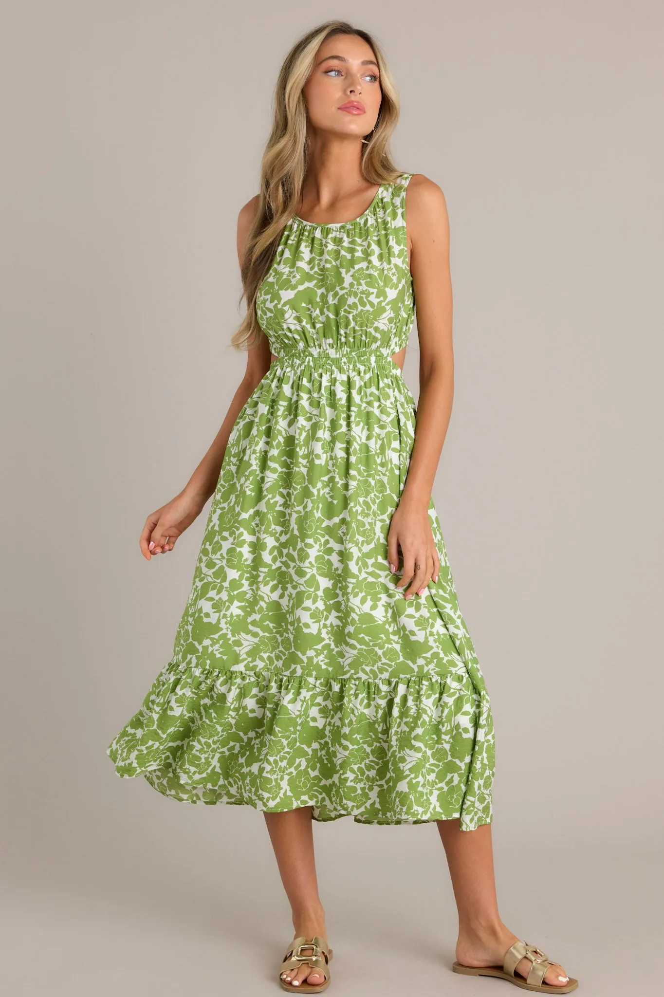 Nature's Charm Green Floral Cutout Midi Dress