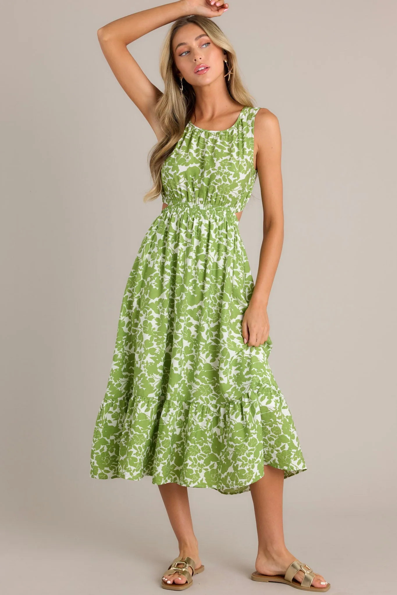 Nature's Charm Green Floral Cutout Midi Dress