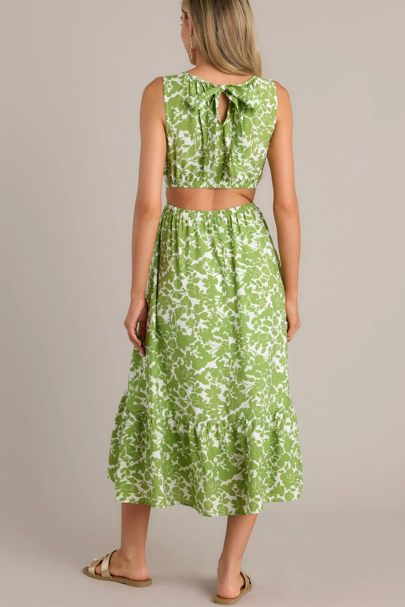 Nature's Charm Green Floral Cutout Midi Dress