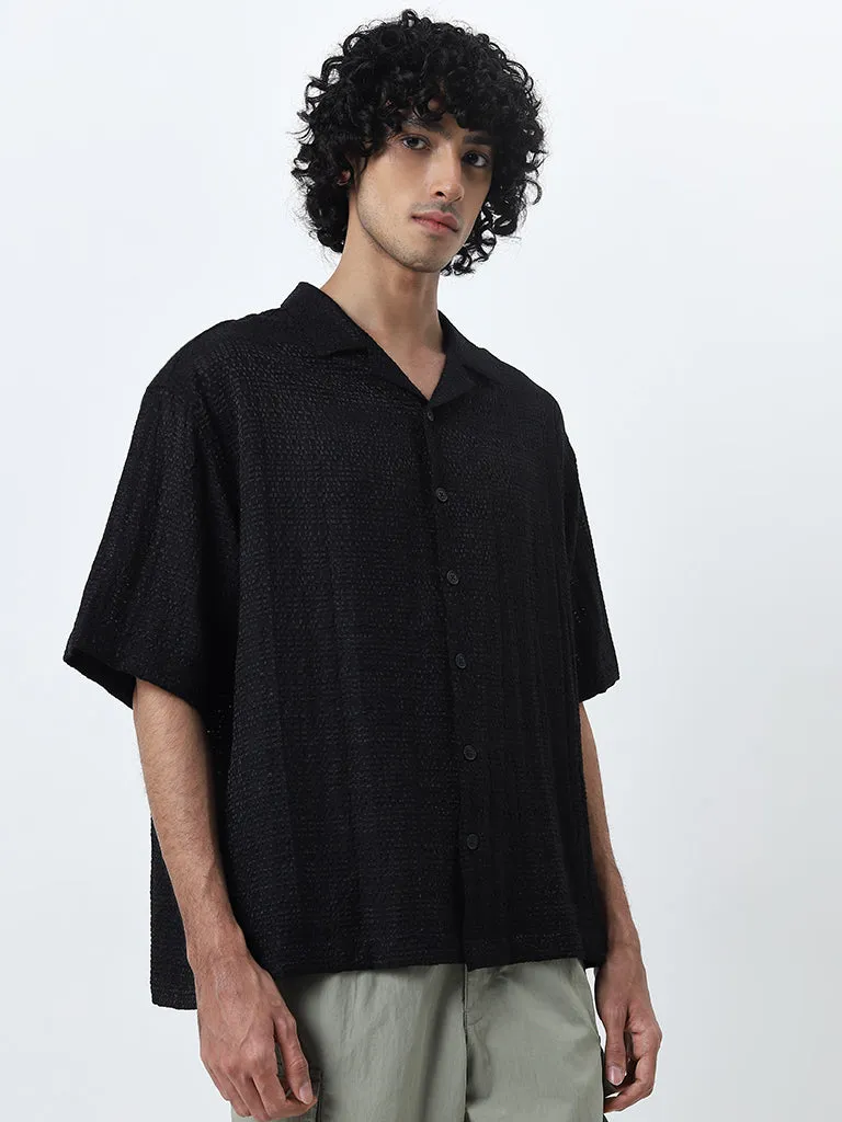 Nuon Black Self-Patterned Relaxed-Fit Cotton Blend Shirt