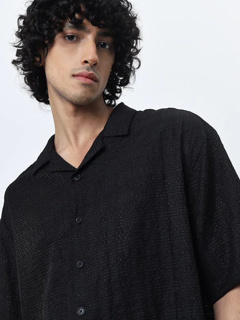 Nuon Black Self-Patterned Relaxed-Fit Cotton Blend Shirt