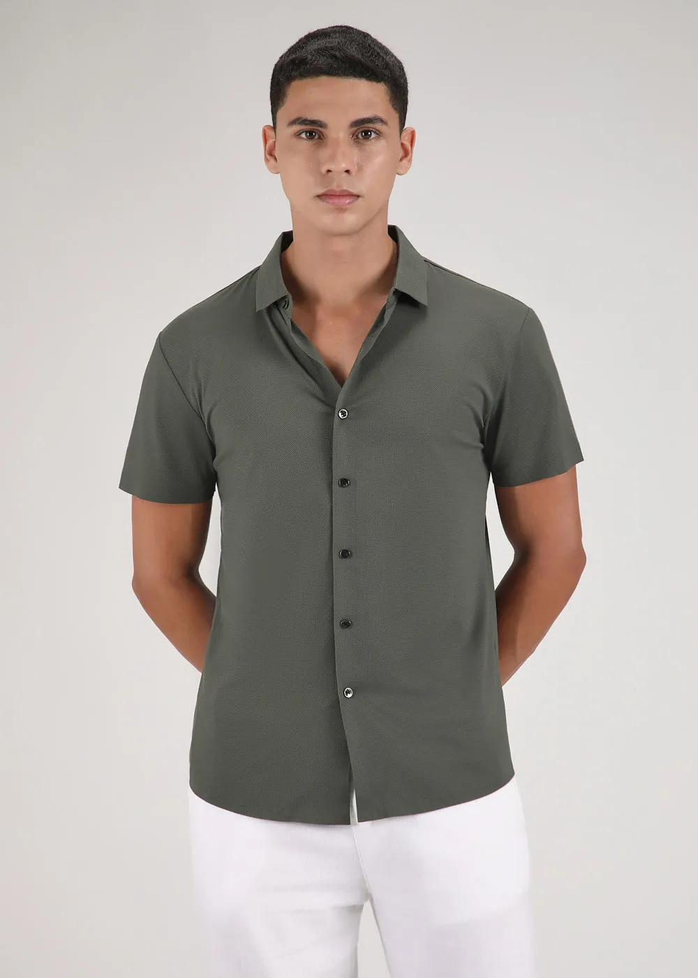 Olive Green Self Patterned Stitchless Shirt