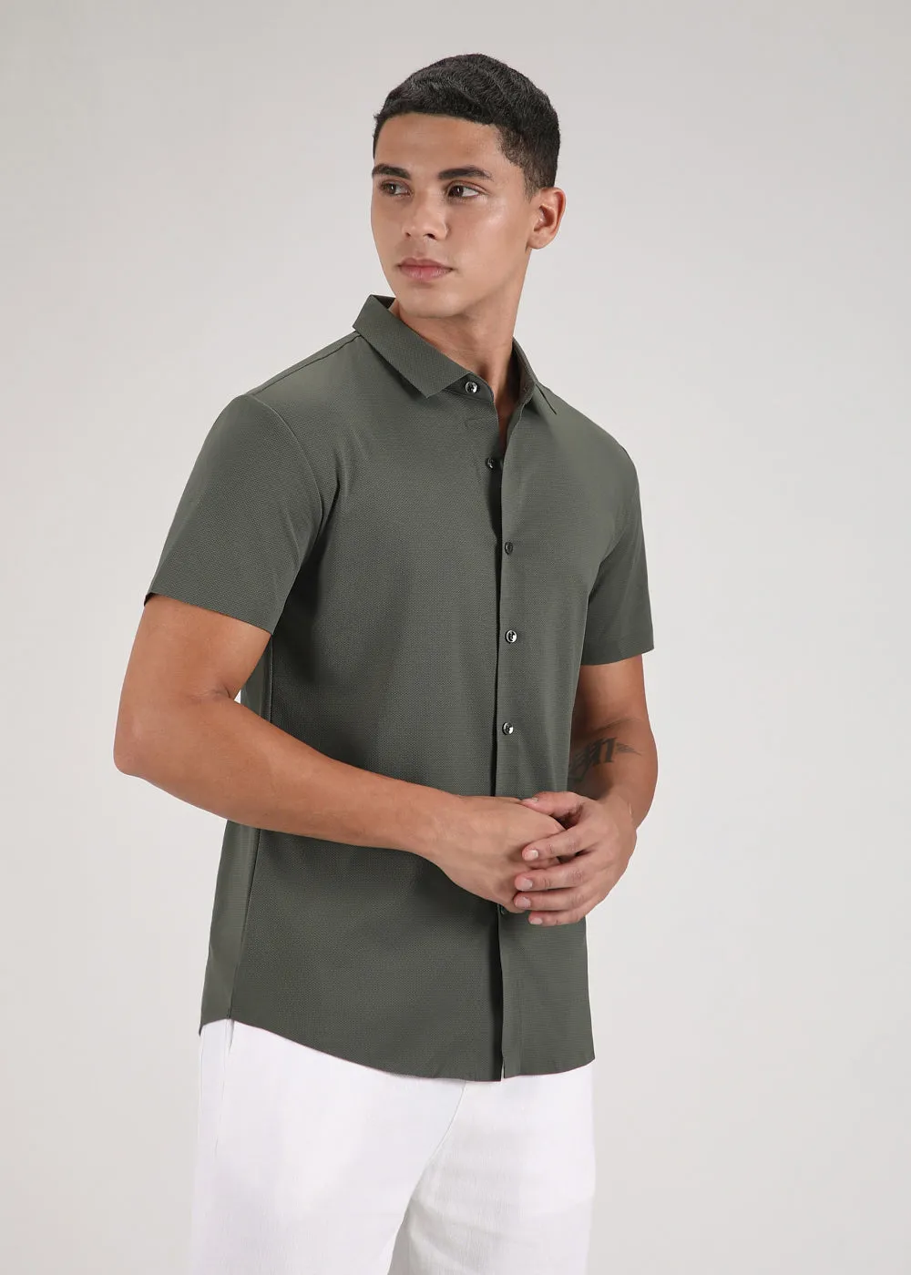 Olive Green Self Patterned Stitchless Shirt