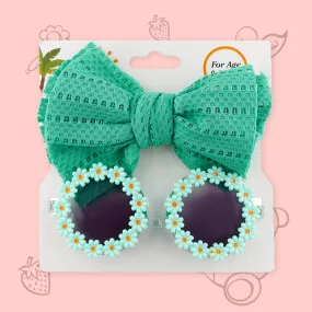 Polka Tots Free Size Bow Headband & Floral Sunglass Set - Sea Green