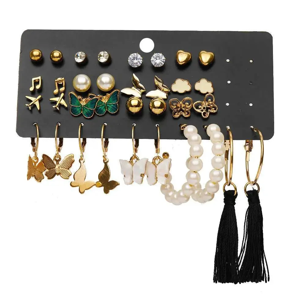 Set of 17 Bohemian Long Tassel Drop Statement Earrings and Studs