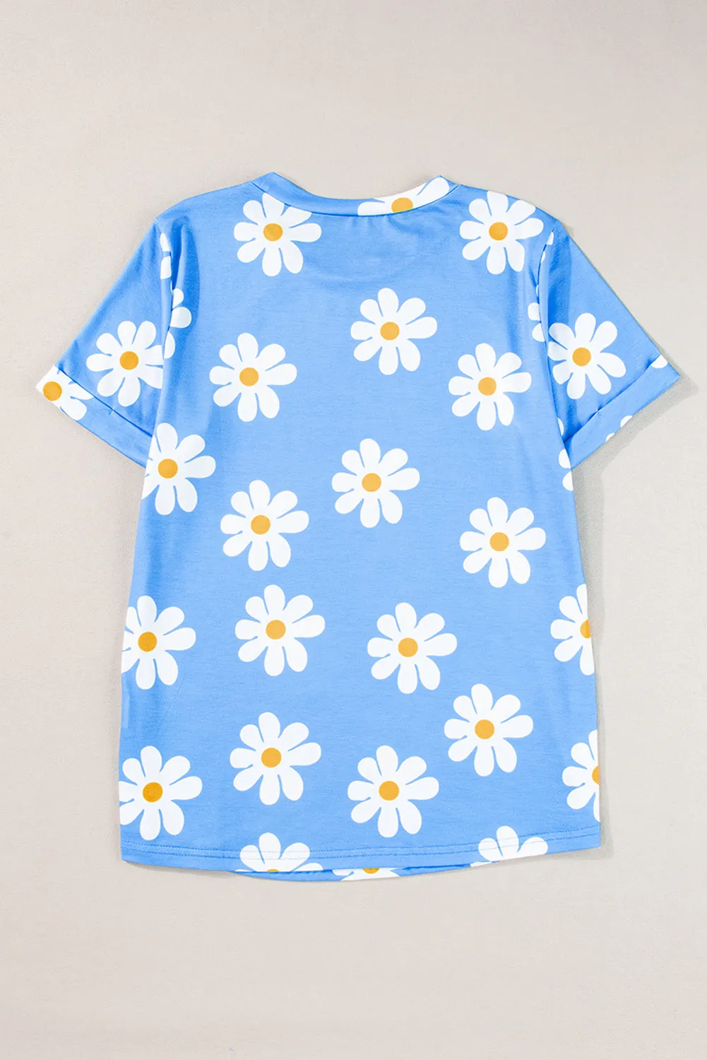 Sky Blue Daisy Printed Crewneck T Shirt