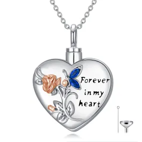 Sterling Silver Heart Rose Butterfly Urn Necklace for Ashes With Engraved