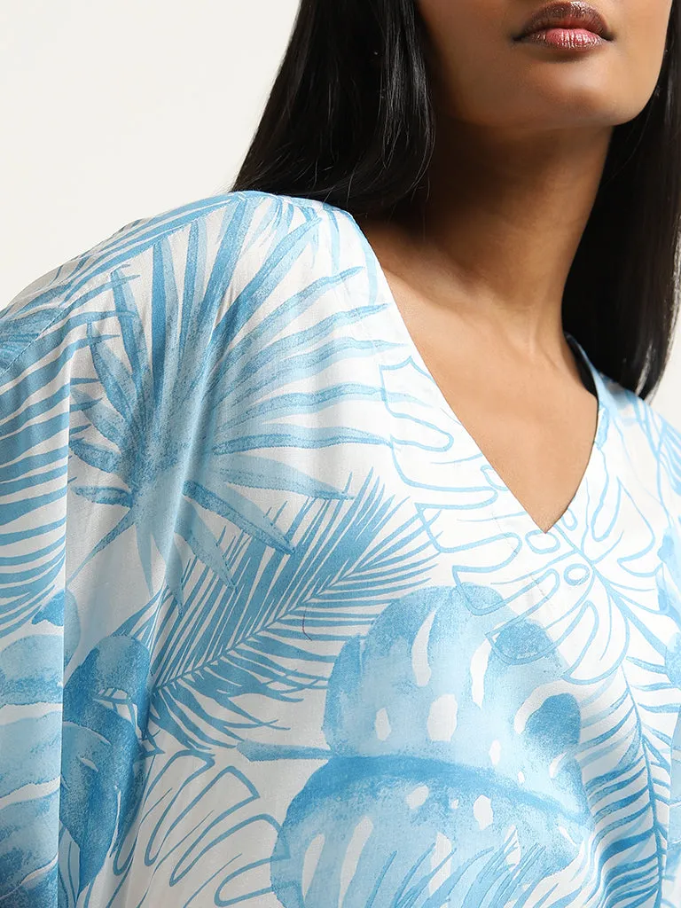 Utsa Blue Leaf Patterned A-Line Kaftan-Style Kurta