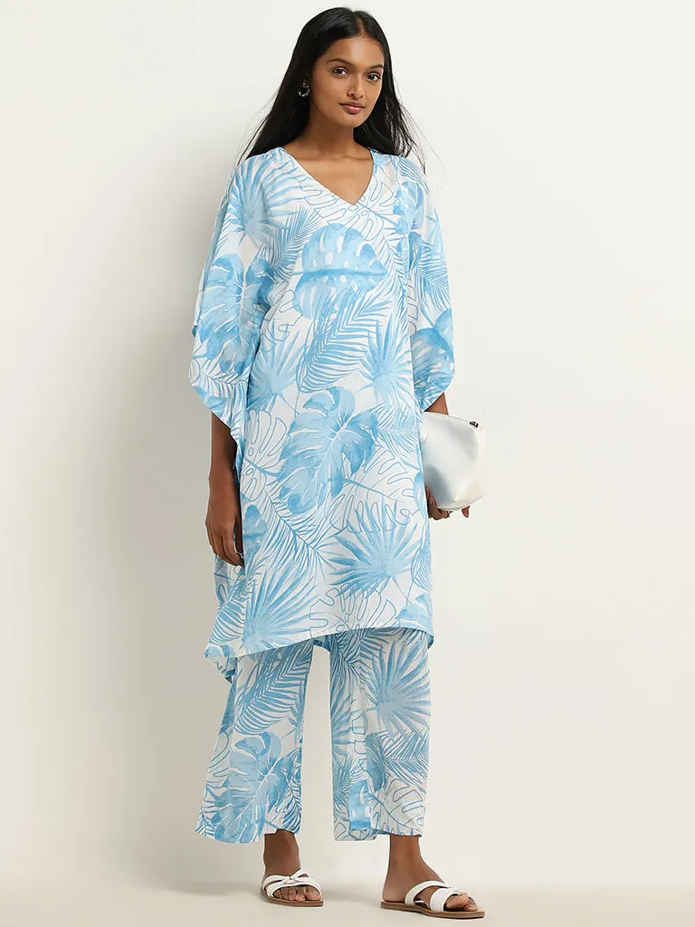 Utsa Blue Leaf Patterned A-Line Kaftan-Style Kurta