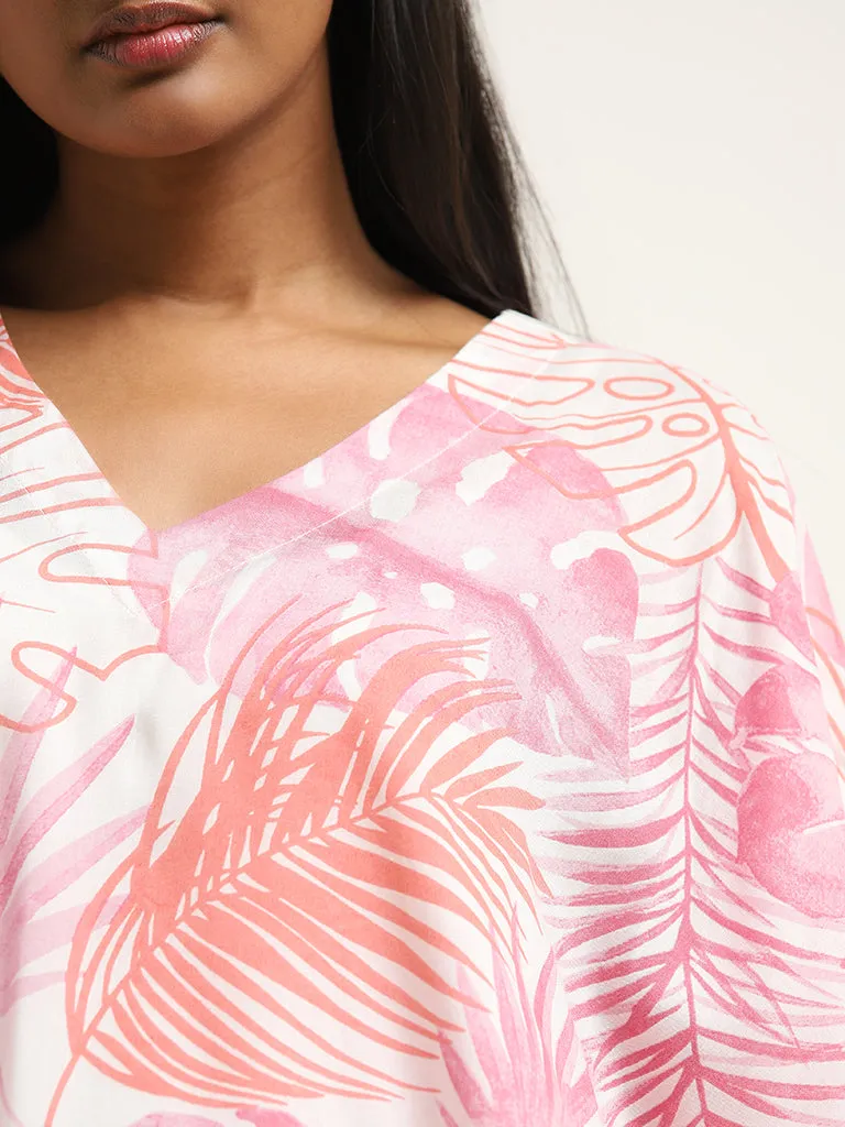 Utsa Pink Leaf Patterned A-Line Kaftan-Style Kurta