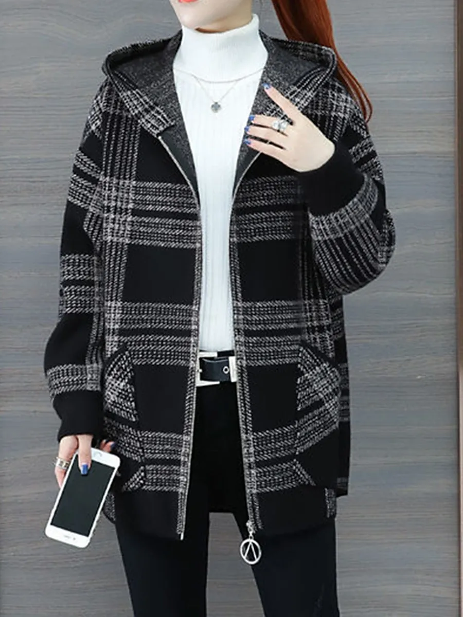 Women's Hoodie Jacket Fall Zip up Sweatshirt Drawstring Sweatshirt Winter Cropped Coat Windproof Warm Casual Jacket Long Sleeve Plaid with Pockets Black