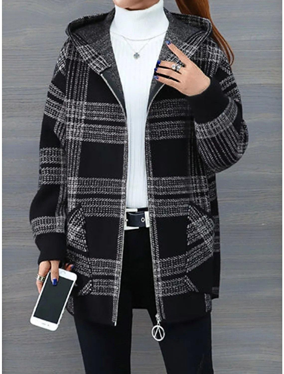 Women's Hoodie Jacket Fall Zip up Sweatshirt Drawstring Sweatshirt Winter Cropped Coat Windproof Warm Casual Jacket Long Sleeve Plaid with Pockets Black