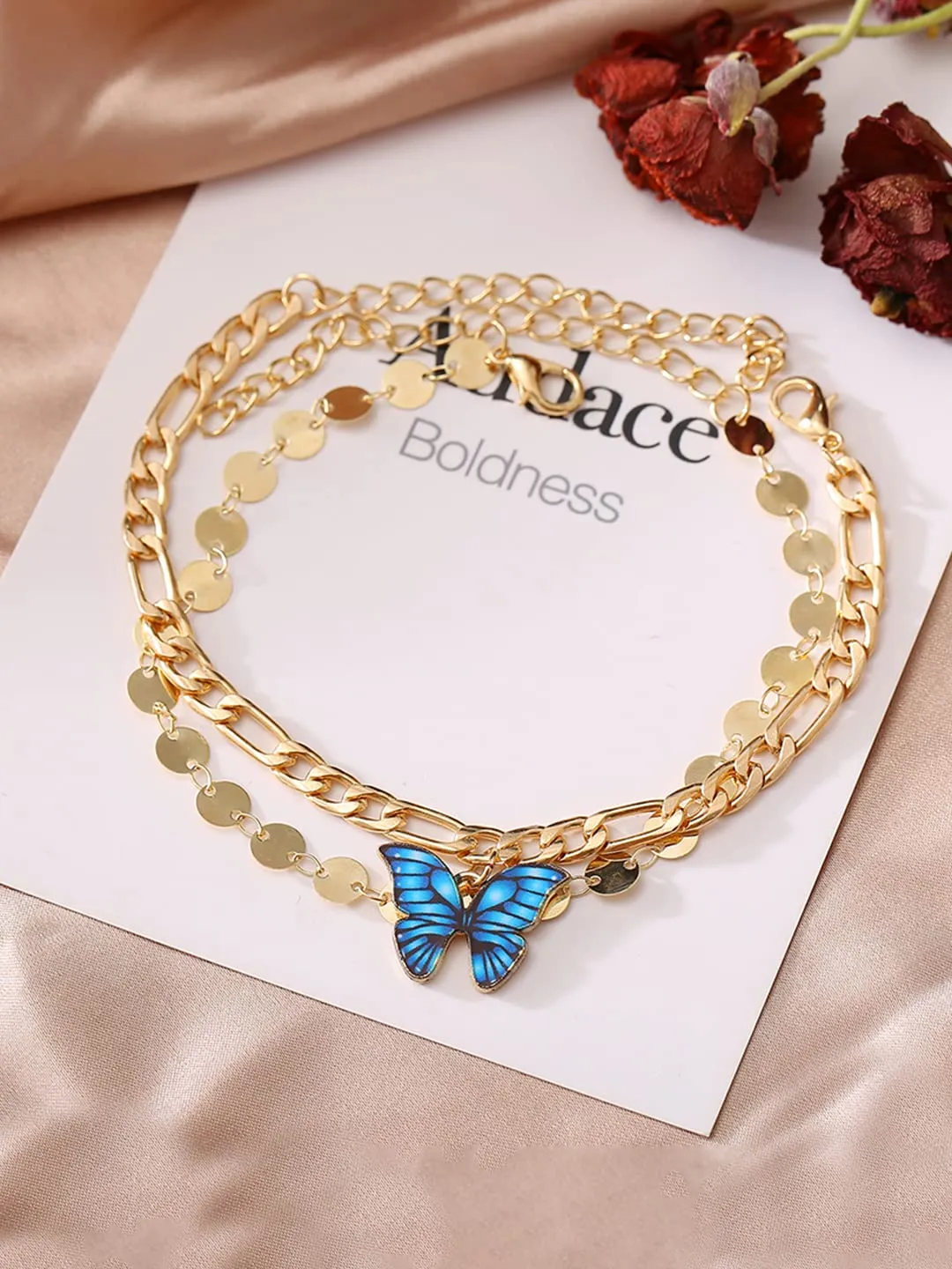 Yellow Chimes Bracelet For Women Gold Tone Dual Layer Chain With Blue Color Butterfly Charm Hanging Bracelet For Women and Girls