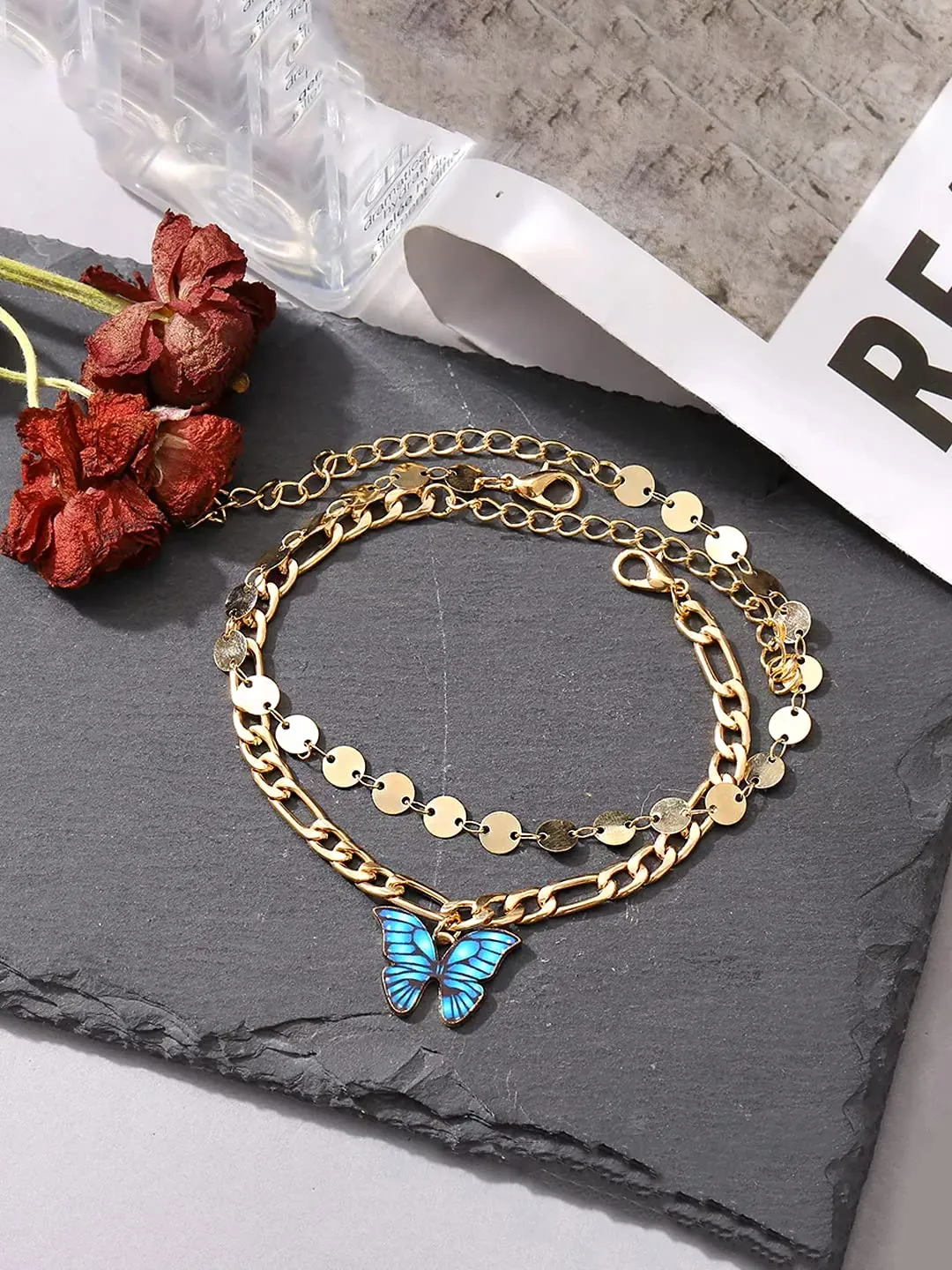 Yellow Chimes Bracelet For Women Gold Tone Dual Layer Chain With Blue Color Butterfly Charm Hanging Bracelet For Women and Girls