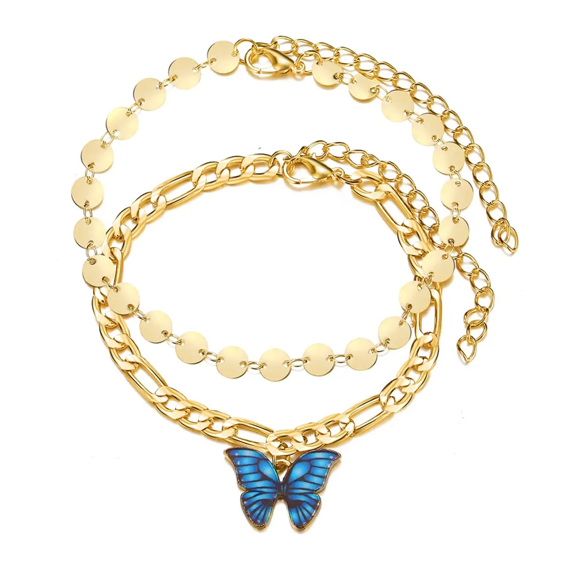 Yellow Chimes Bracelet For Women Gold Tone Dual Layer Chain With Blue Color Butterfly Charm Hanging Bracelet For Women and Girls