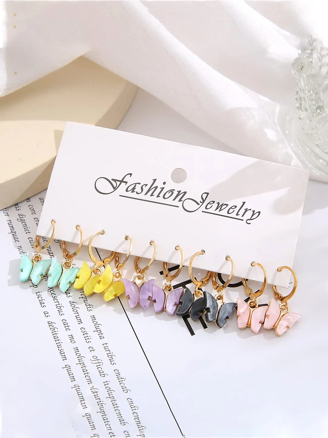 Yellow Chimes Earring For Women Combo Pack Of 5 Pairs Gold Toned Huggie Hoops With Attached Multicolor Butterfly Charm Hanging Earrings For Women and Girls